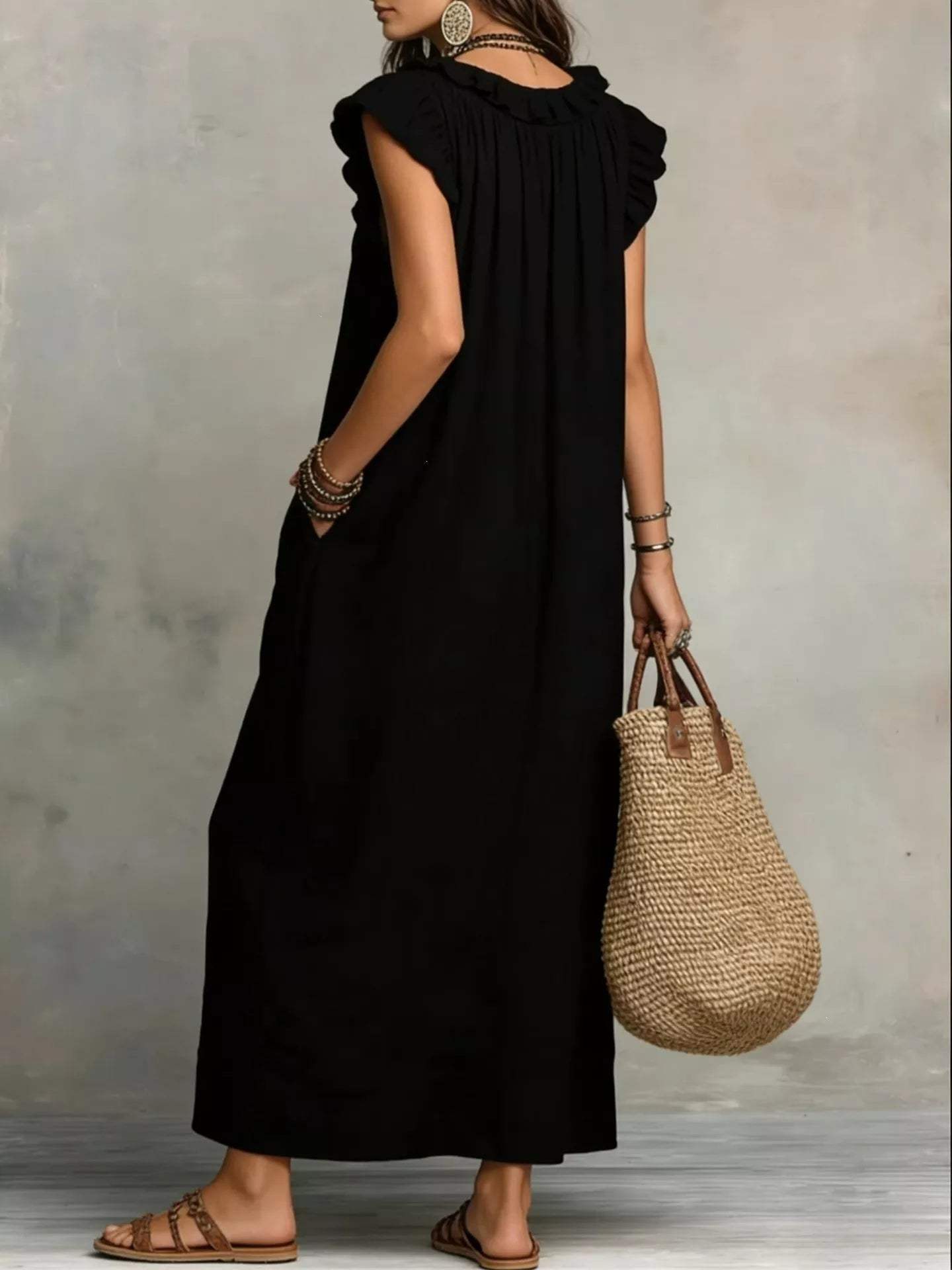 Full Size Ruffled V-Neck Cap Sleeve Maxi Dress Plus Size - Trendsi - Flyclothing LLC