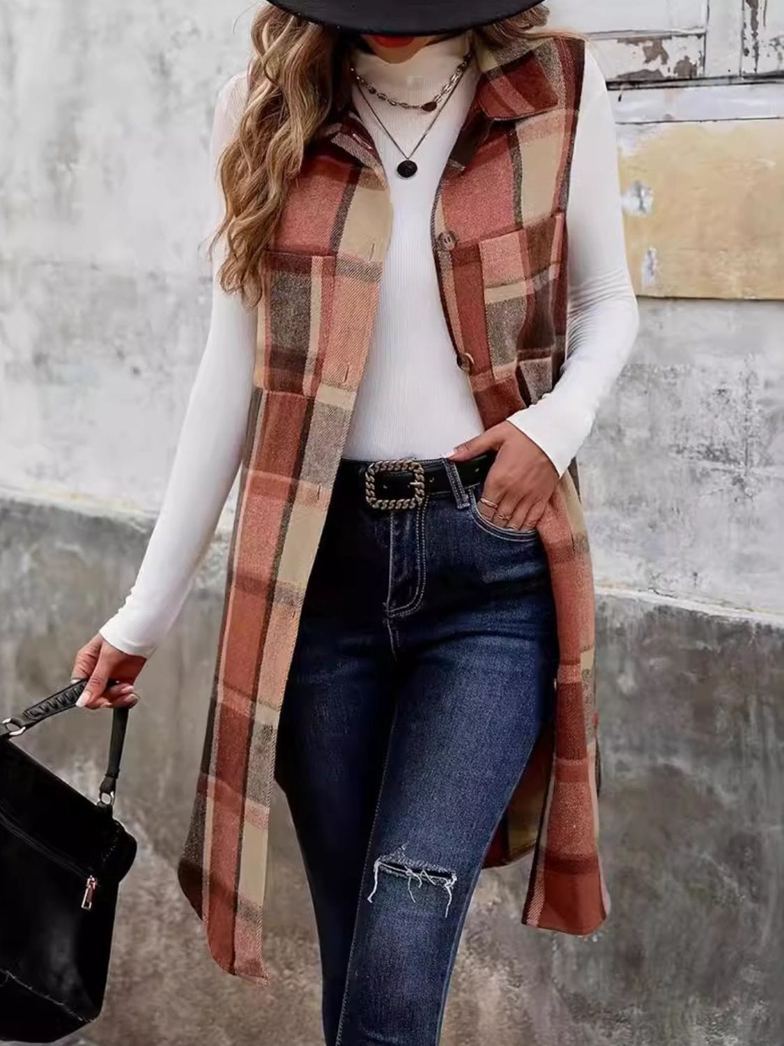 Plaid Button Up Vest Coat - Trendsi