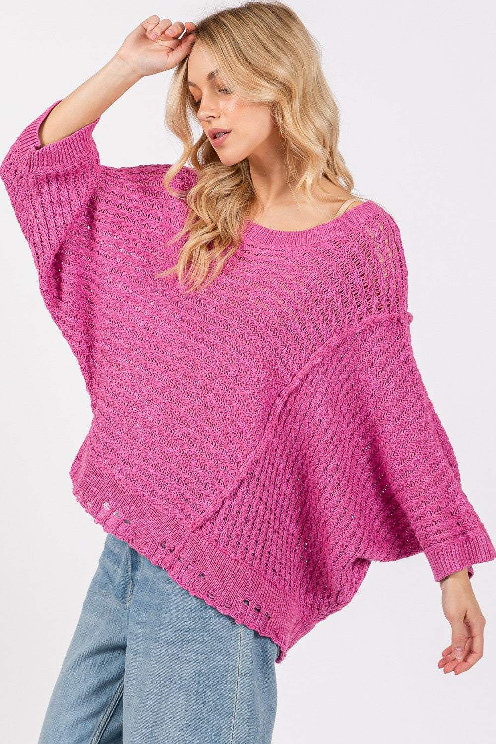 SAGE + FIG Distressed Asymmetrical Open Stitch Sweater - Trendsi - Flyclothing LLC