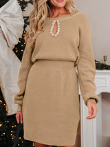 Pearl Embellished Keyhole Ribbed Sweater Dress - Trendsi - Flyclothing LLC