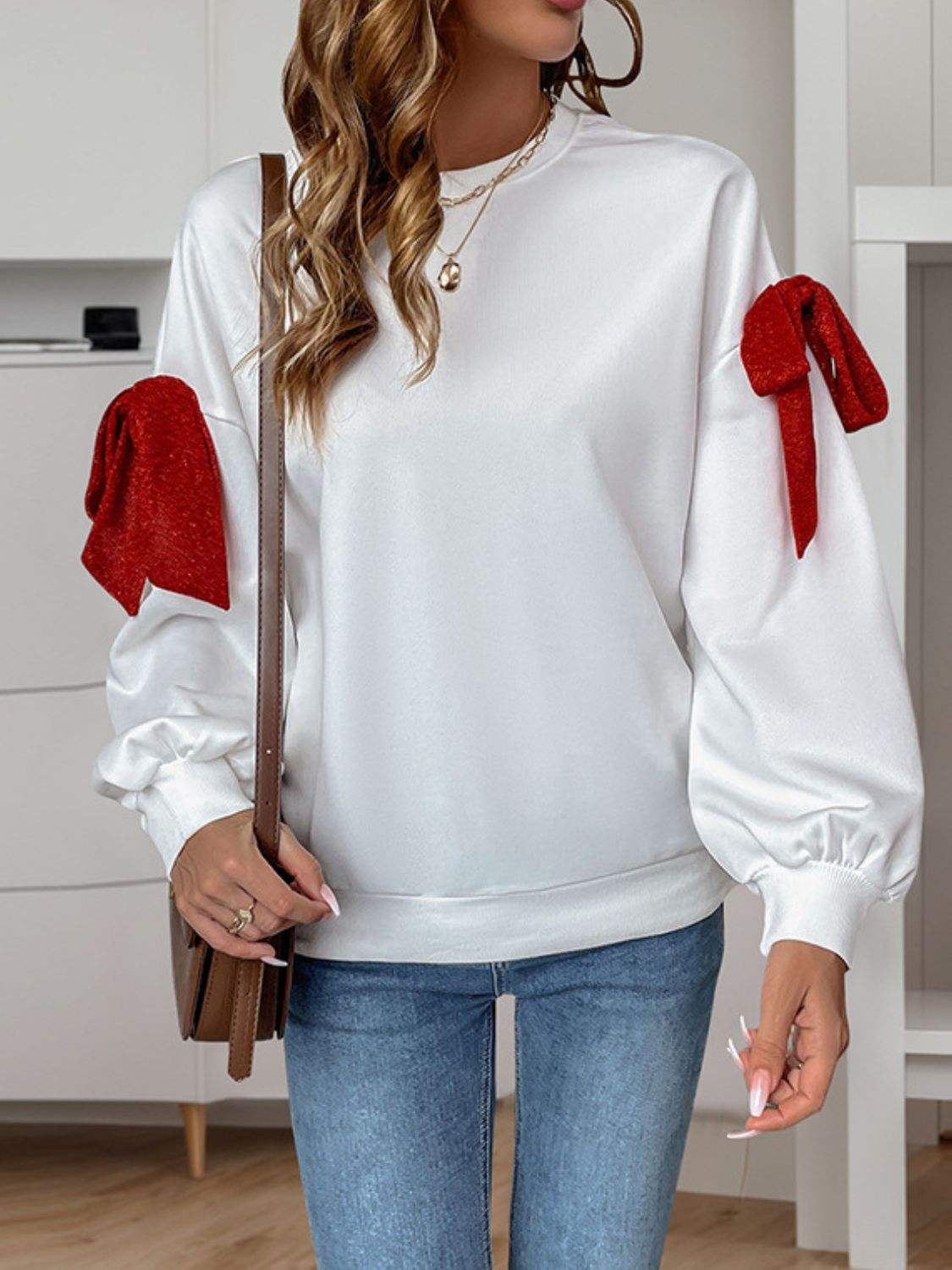 Perfee Bow Round Neck Long Sleeve Sweatshirt - Trendsi - Flyclothing LLC