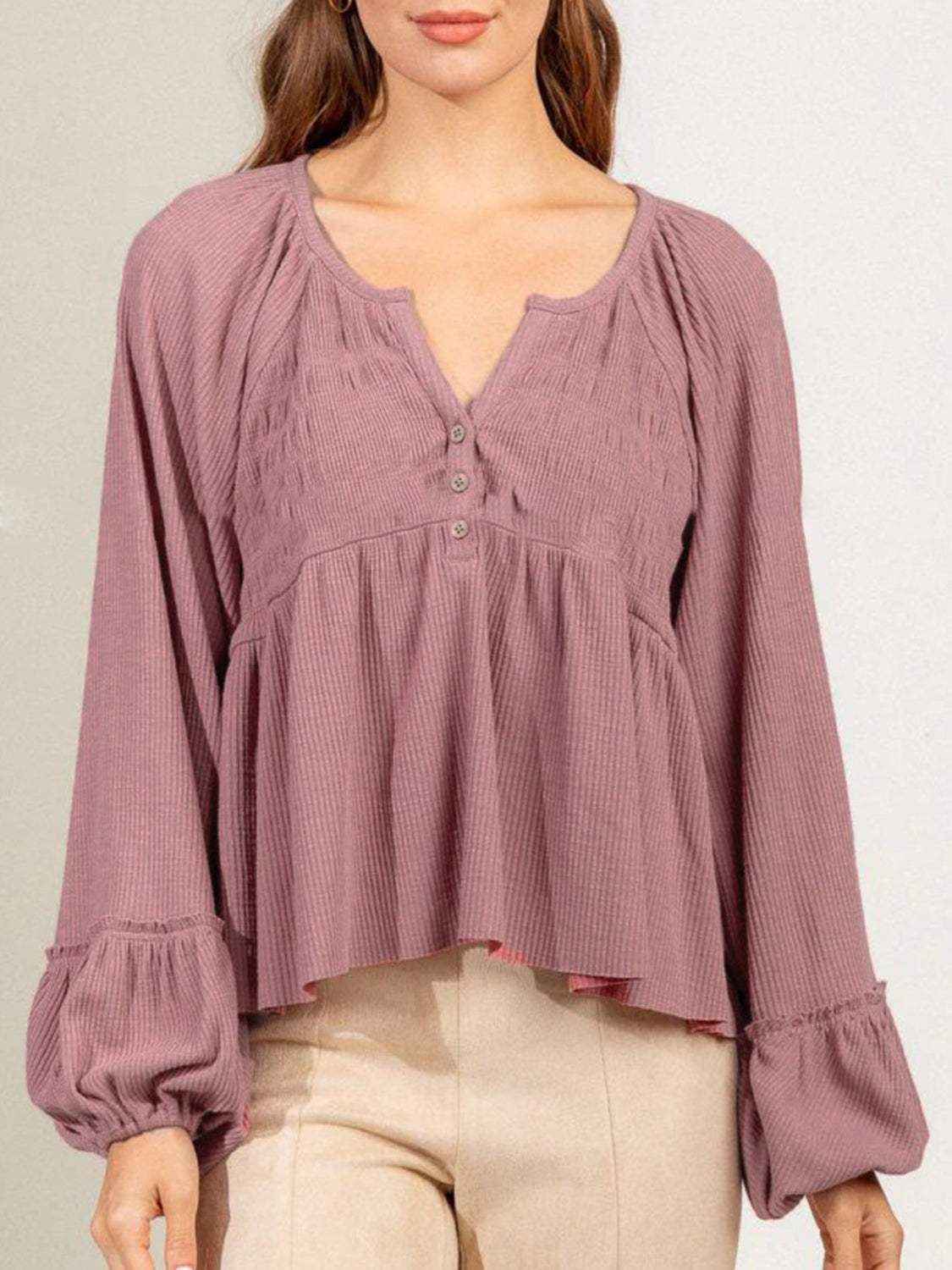 Notched Balloon Sleeve Peplum Blouse - Trendsi - Flyclothing LLC