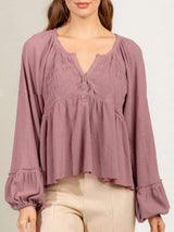 Notched Balloon Sleeve Peplum Blouse - Trendsi - Flyclothing LLC