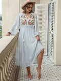 Plus Size Printed Tie Neck Long Sleeve Midi Dress - Trendsi - Flyclothing LLC