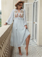 Plus Size Printed Tie Neck Long Sleeve Midi Dress - Trendsi