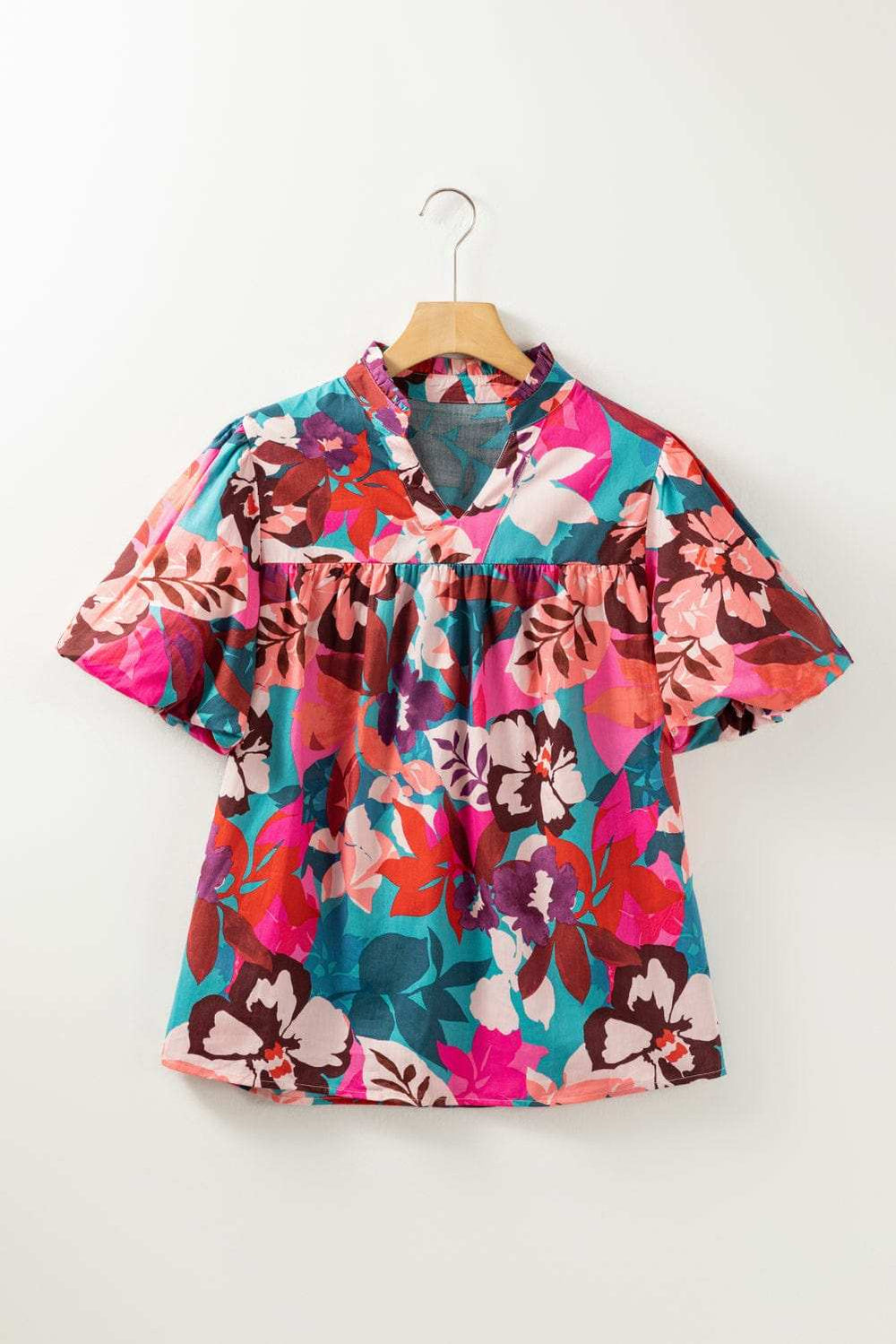 Printed Notched Puff Sleeve Blouse - Trendsi - Flyclothing LLC