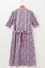 Printed Shirred Sleeve Buttoned Front Midi Dress with Sash - Trendsi - Flyclothing LLC