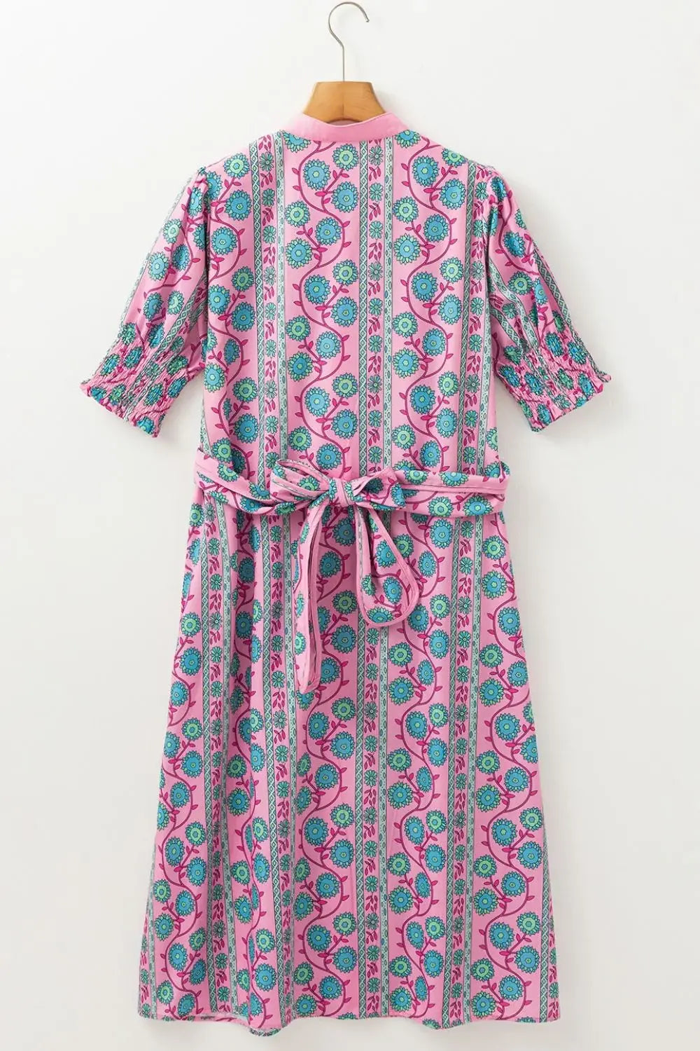 Printed Shirred Sleeve Buttoned Front Midi Dress with Sash - Trendsi - Flyclothing LLC