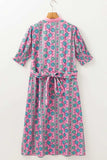 Printed Shirred Sleeve Buttoned Front Midi Dress with Sash - Trendsi - Flyclothing LLC