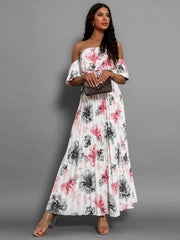 Pleated Floral Off-Shoulder Short Sleeve Midi Dress - Trendsi