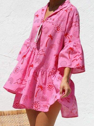 Button Detail Ruffled Hem Printed Mini Dress - Trendsi - Flyclothing LLC