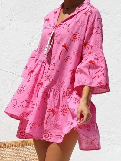 Button Detail Ruffled Hem Printed Mini Dress - Trendsi