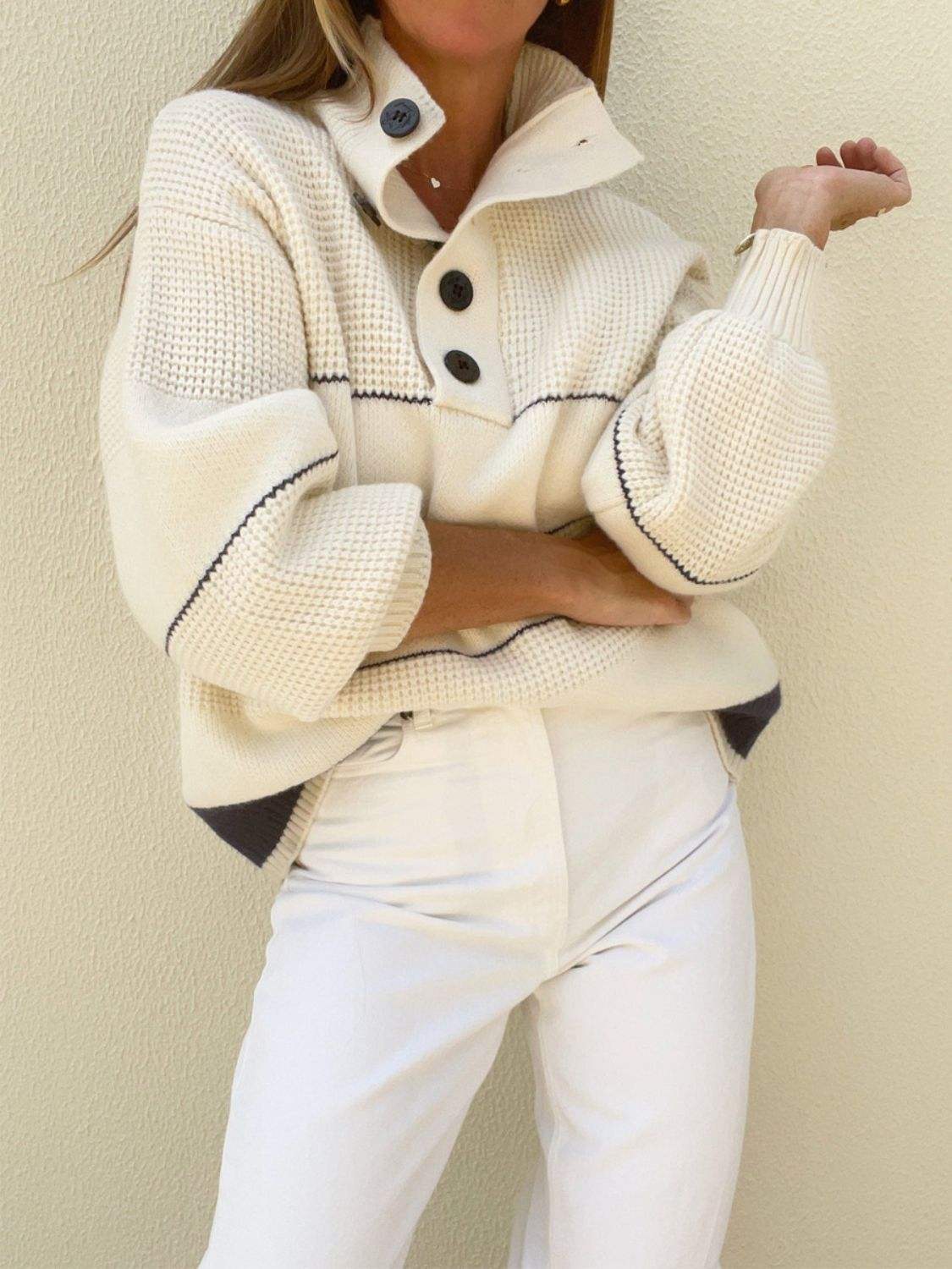 Waffle-Knit Half Button Long Sleeve Sweater - Trendsi - Flyclothing LLC