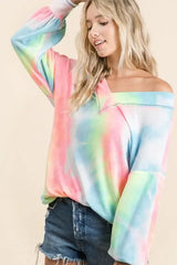 BiBi Tie Dye French Terry V-Neck Top with Puff Sleeves - Trendsi - Flyclothing LLC