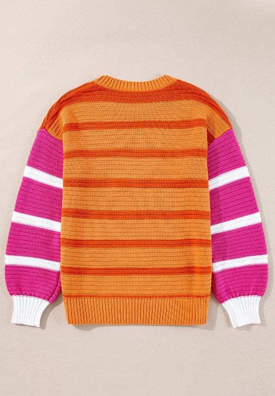 Striped Round Neck Long Sleeve Sweater - Trendsi - Flyclothing LLC