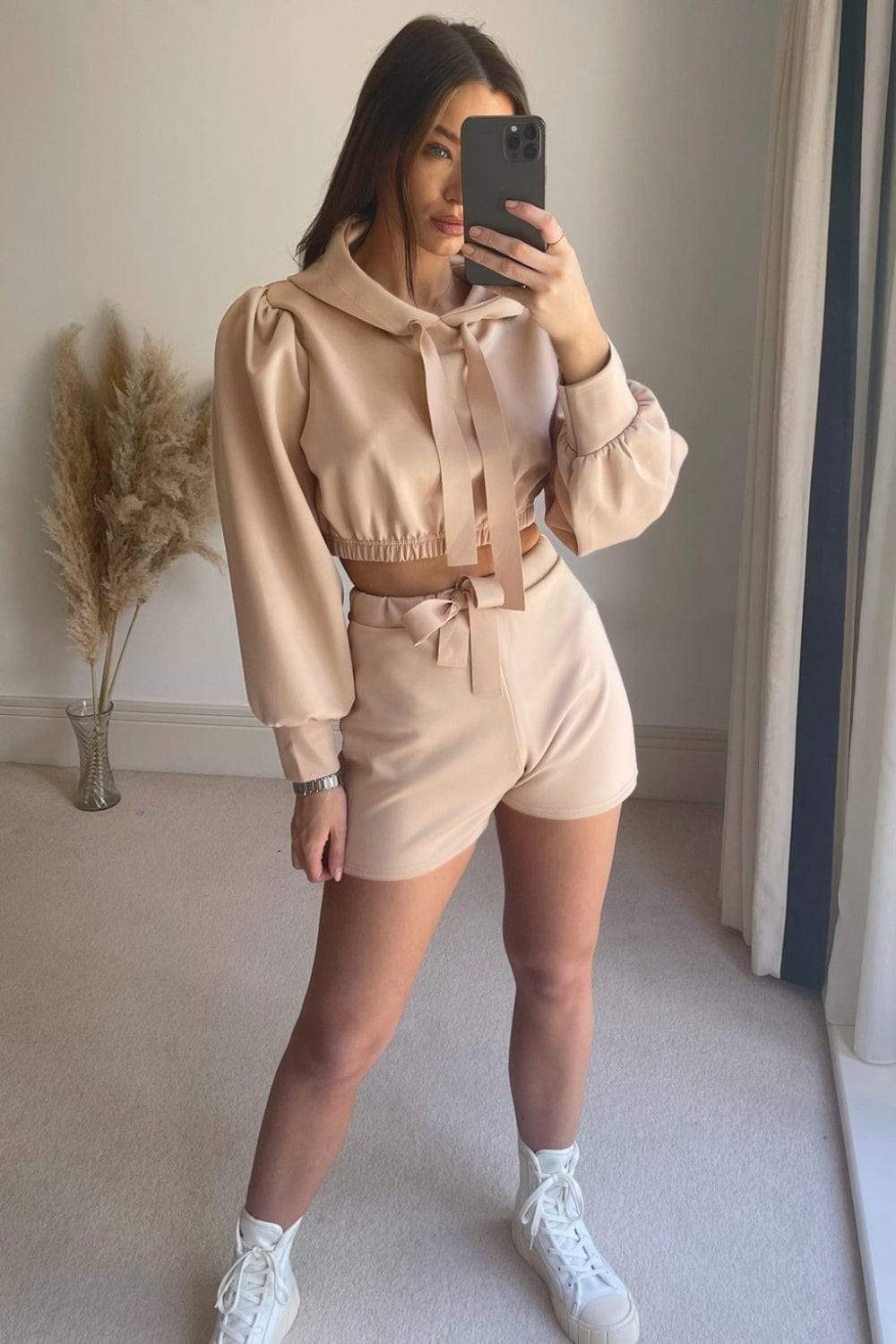 Drawstring Long Sleeve Hooded Top and Shorts Set - Trendsi - Flyclothing LLC