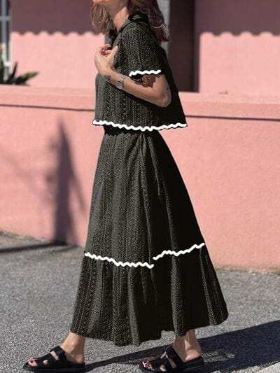 Contrast Trim Openwork Short Sleeve Top and Skirt Set - Trendsi - Flyclothing LLC