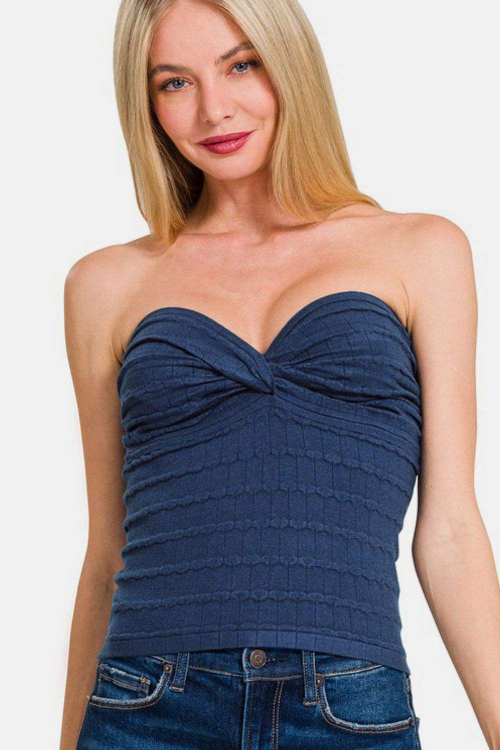 Zenana Ruched Twisted Sweetheart Neck Top - Trendsi - Flyclothing LLC