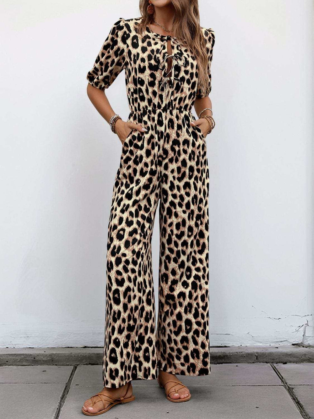 Perfee Tied Leopard Half Sleeve Jumpsuit - Trendsi - Flyclothing LLC