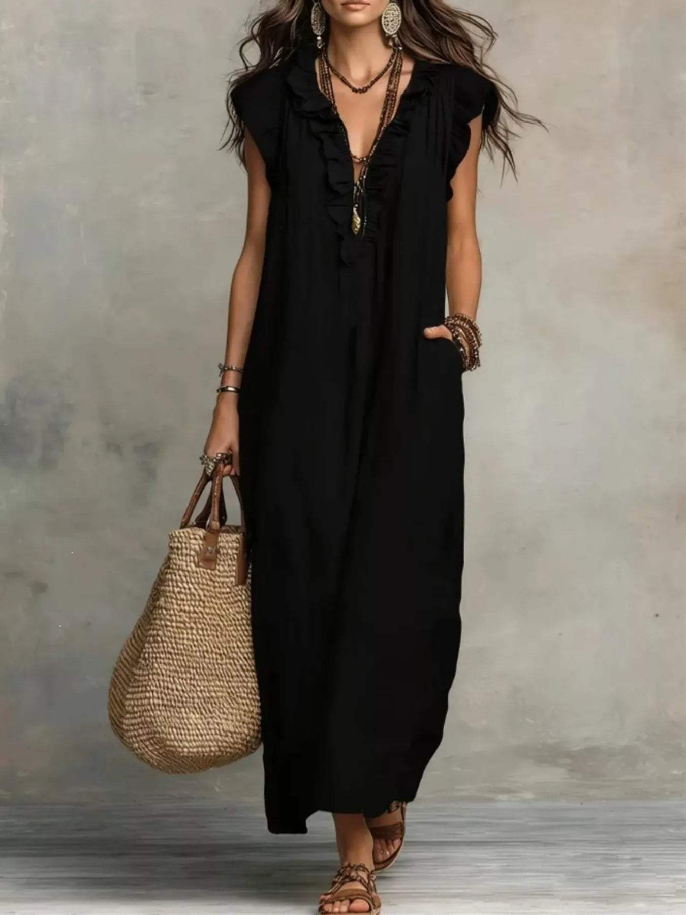 Full Size Ruffled V-Neck Cap Sleeve Maxi Dress Plus Size - Trendsi - Flyclothing LLC