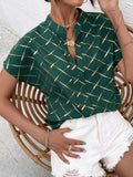 Printed Notched Short Sleeve Blouse - Trendsi