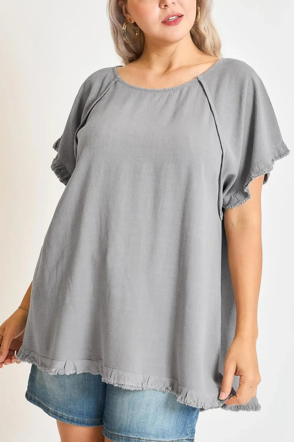 Umgee Full Size Seam Detail Linen Ruffle Fringe Edge Top Plus Size - Trendsi - Flyclothing LLC