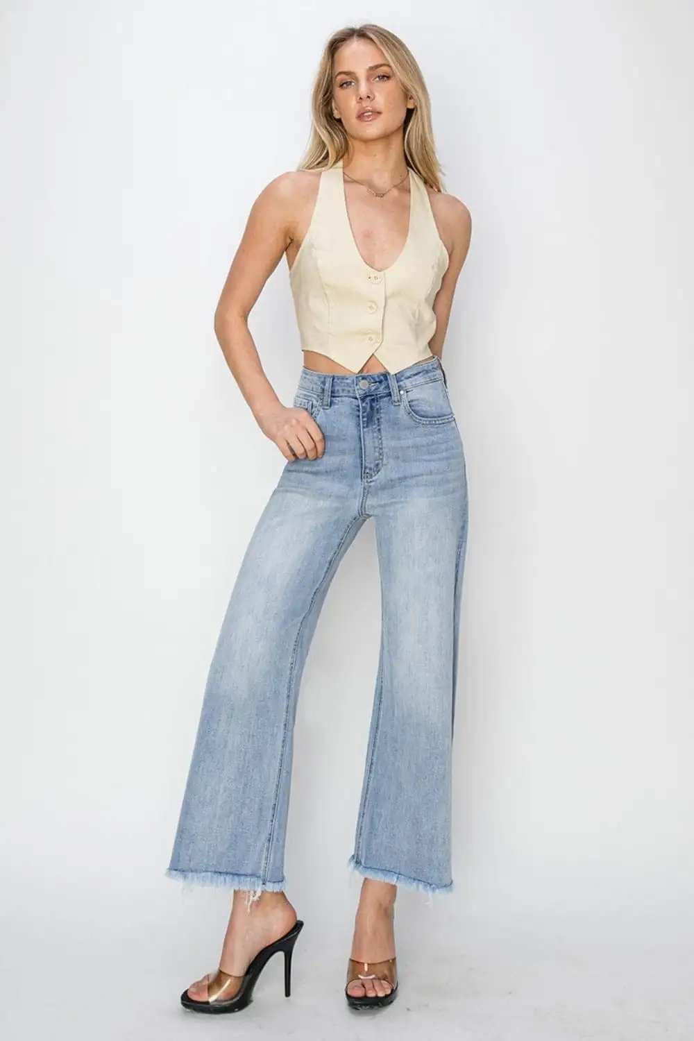 RISEN High Rise Crop Wide Fray Hem Jeans - Trendsi - Flyclothing LLC