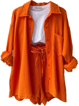 Texture Button Up Shirt and Drawstring Shorts Set - Trendsi - Flyclothing LLC