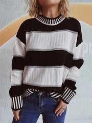 Contrast Round Neck Long Sleeve Sweater - Trendsi