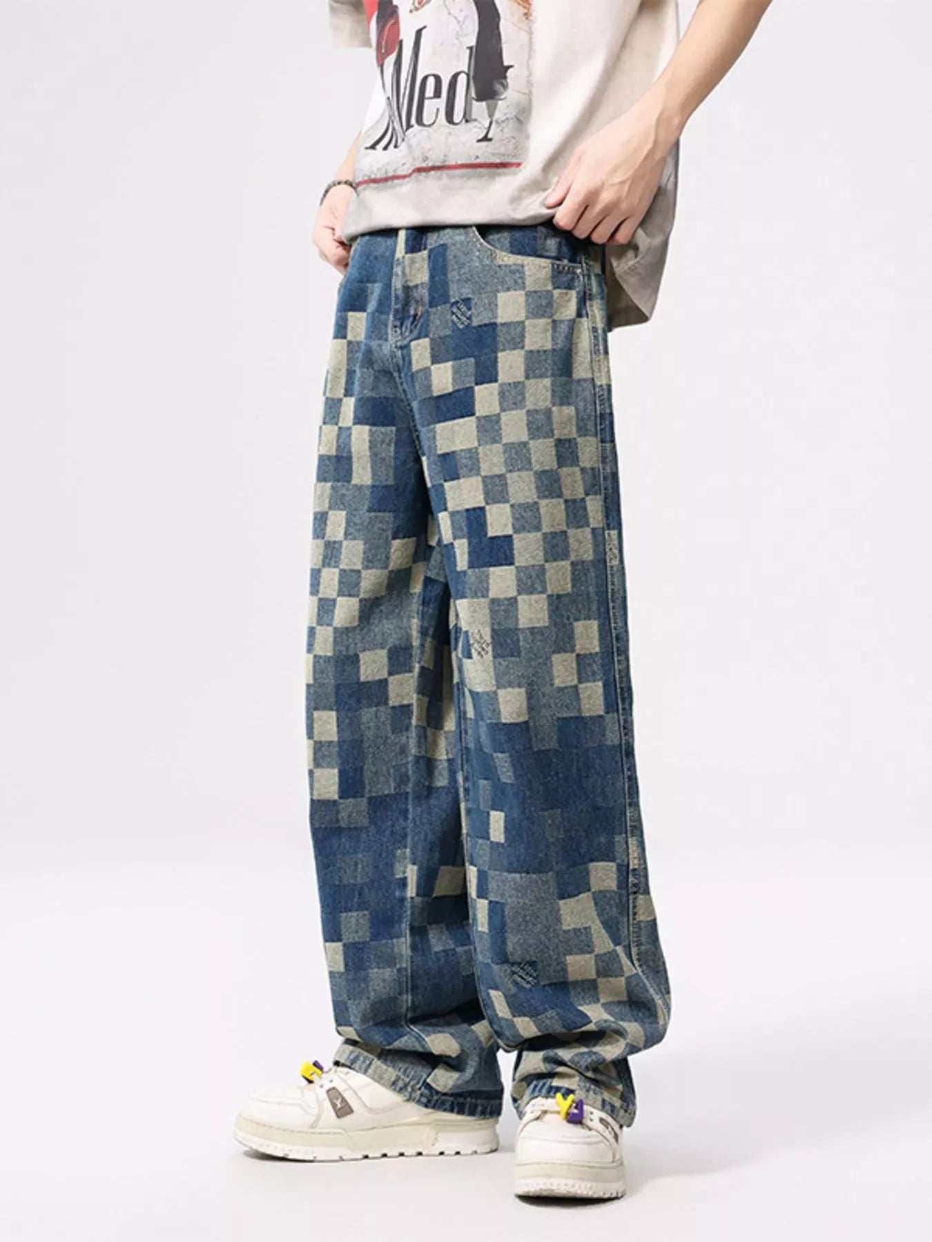Men's Checkered Wide Leg Jeans - Trendsi - Flyclothing LLC