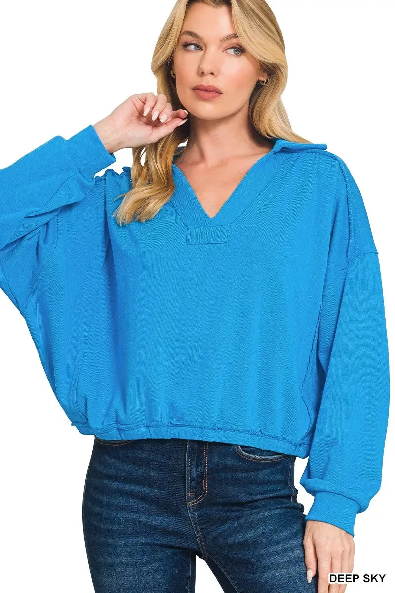 Zenana French Terry Collared Exposed Seam Sweatshirt - Trendsi - Flyclothing LLC