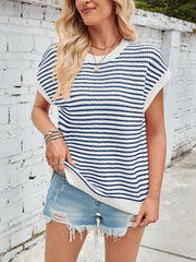 Lovelet Striped Round Neck Cap Sleeve Sweater - Trendsi