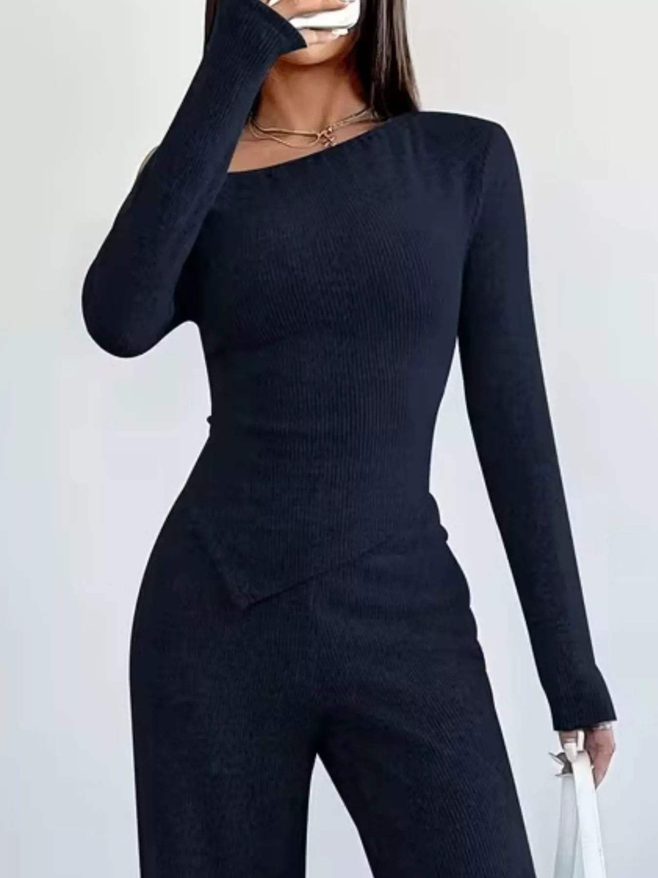 Chic One-Shoulder Asymmetrical Top and Wide-Leg Pants Set - Trendsi - Flyclothing LLC