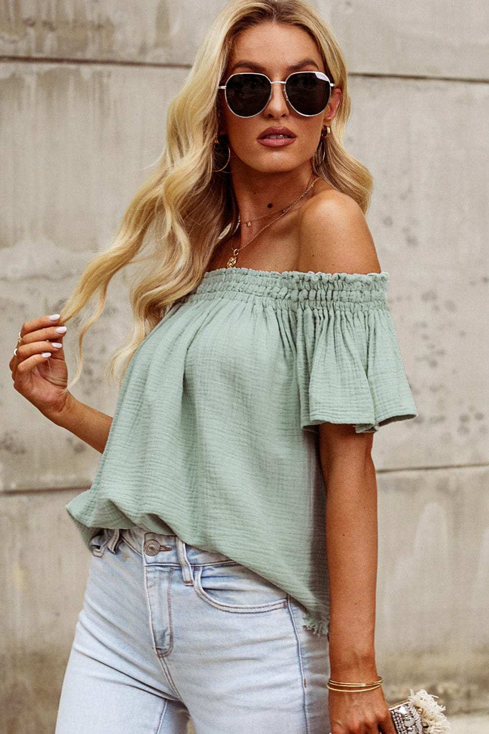Off-Shoulder Short Sleeve Blouse - Trendsi - Flyclothing LLC