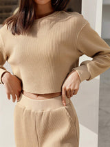 Waffle-Knit Round Neck Top and Pants Set - Trendsi - Flyclothing LLC