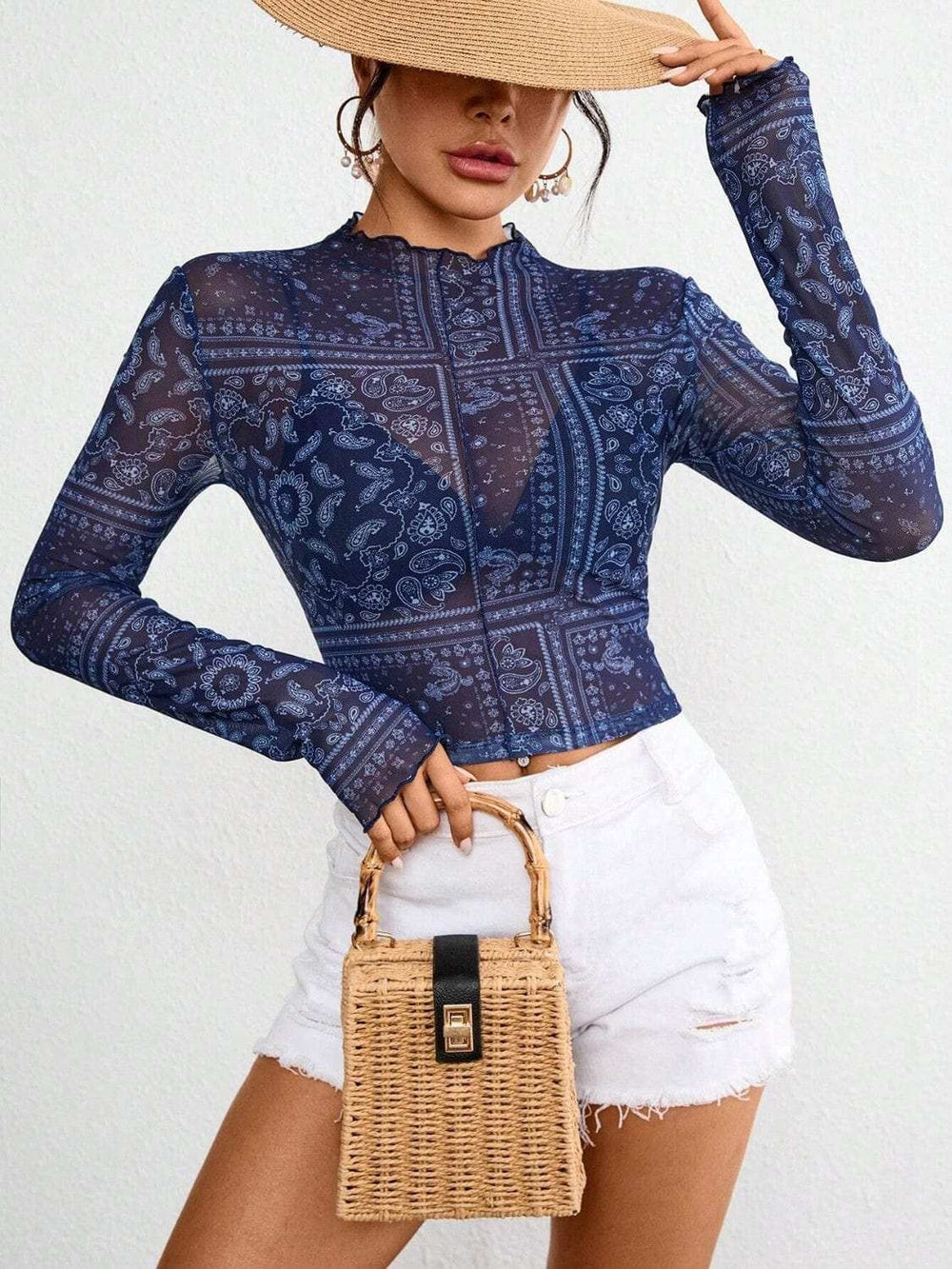 Paisley Mock Neck Long Sleeve Sheer Top - Trendsi - Flyclothing LLC