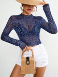 Paisley Mock Neck Long Sleeve Sheer Top - Trendsi