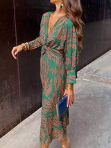 Full Size Printed V-Neck Long Sleeve Twisted Midi Dress Plus Size - Trendsi - Flyclothing LLC
