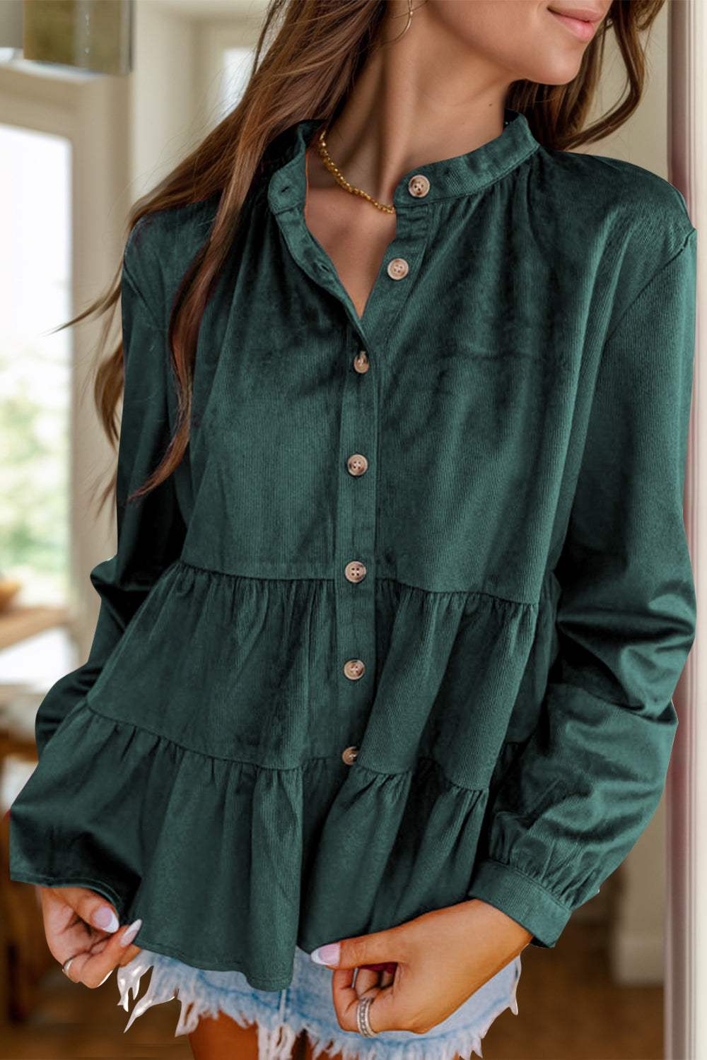 Peplum Round Neck Long Sleeve Shirt - Trendsi - Flyclothing LLC