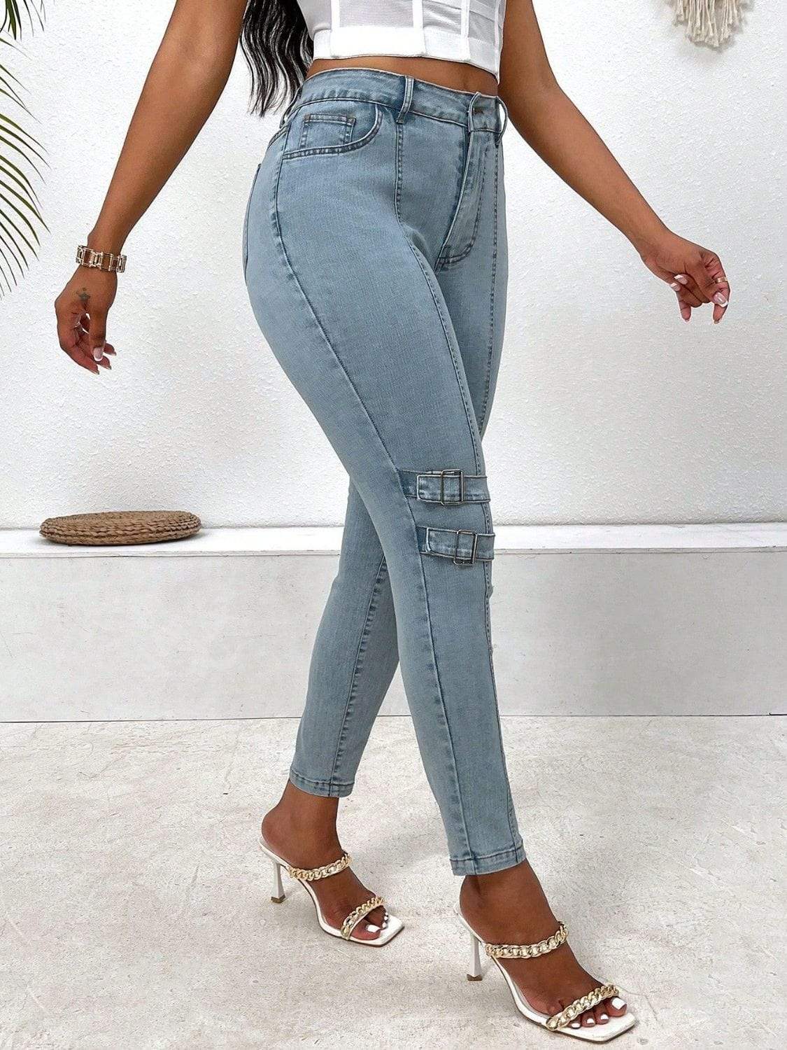 Decorative Buckle Skinny Jeans with Pockets - Trendsi - Flyclothing LLC