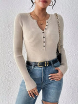 Ribbed Knit Button Front Knit Top - Trendsi - Flyclothing LLC