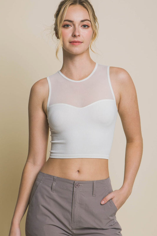 Love Tree Round Neck Ribbed Cropped Mesh Tank - Trendsi