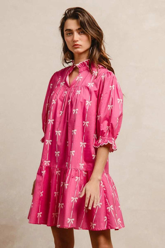 BiBi Ribbon Patterns With Scallops Edge Details Short Sleeve Dress - Trendsi - Flyclothing LLC