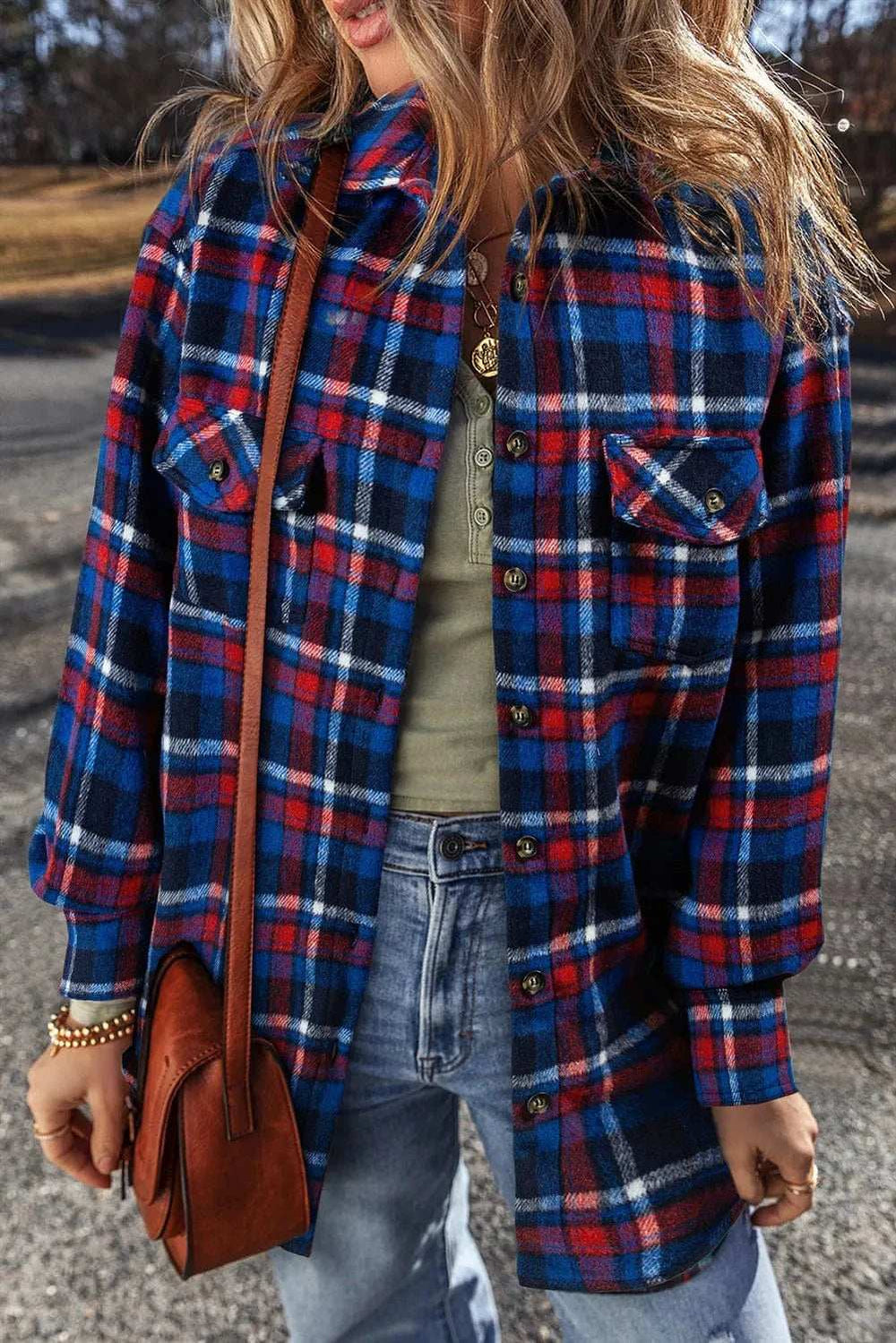 Pocketed Plaid Collared Neck Long Sleeve Shacket - Trendsi - Flyclothing LLC
