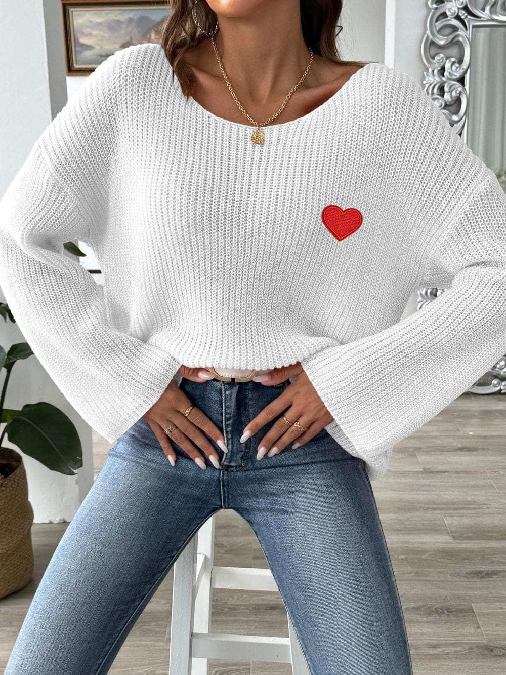 Heart Boat Neck Dropped Shoulder Sweater - Trendsi - Flyclothing LLC