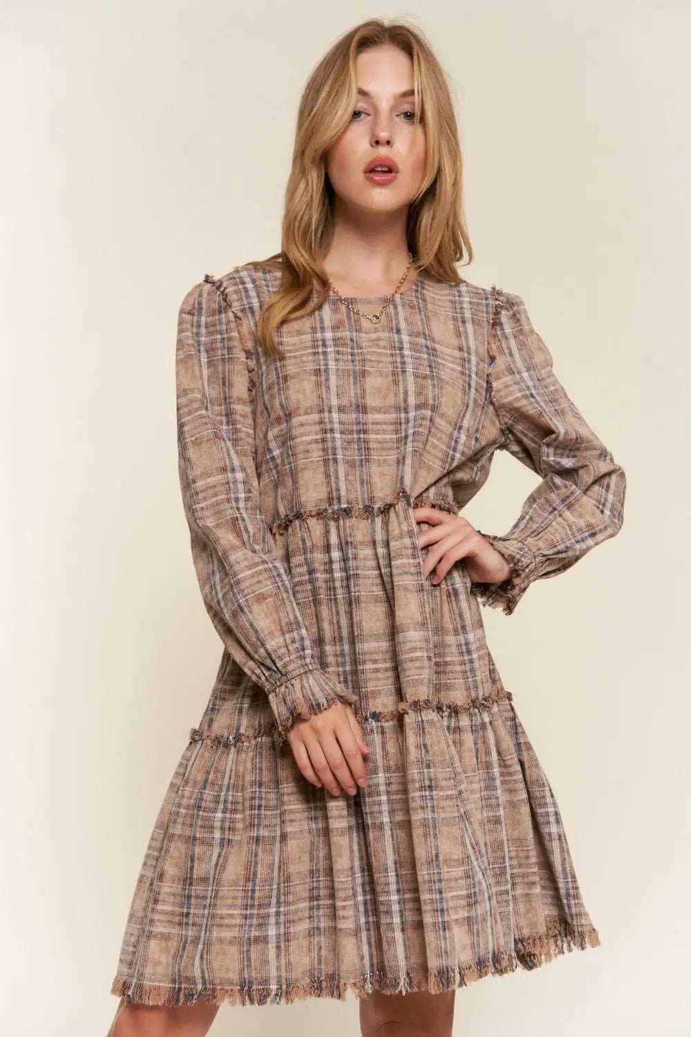 And The Why Full Size Washed Frayed Tiered Plaid Dress - Trendsi - Flyclothing LLC