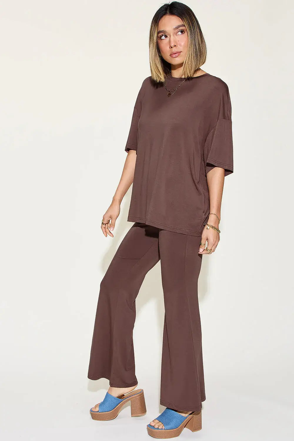 Basic Bae Full Size Bamboo Drop Shoulder T-Shirt and Flare Pants Set - ShopBasicbae - Flyclothing LLC