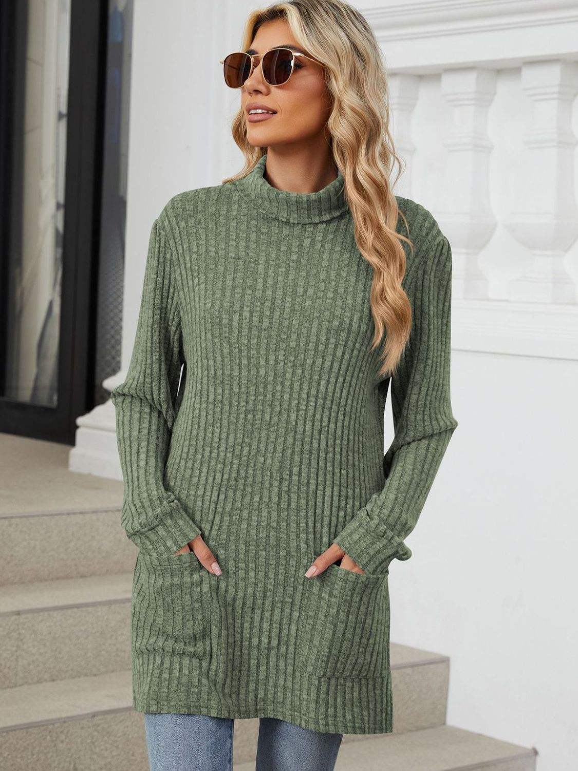 Ribbed Mock Neck Long Sleeve T-Shirt - Trendsi - Flyclothing LLC