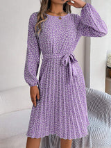 Ditsy Floral Tie Waist Pleated Dress - Trendsi - Flyclothing LLC