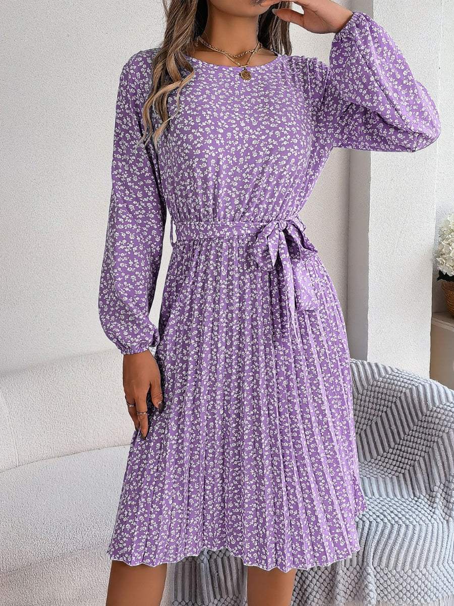 Ditsy Floral Tie Waist Pleated Dress - Trendsi - Flyclothing LLC